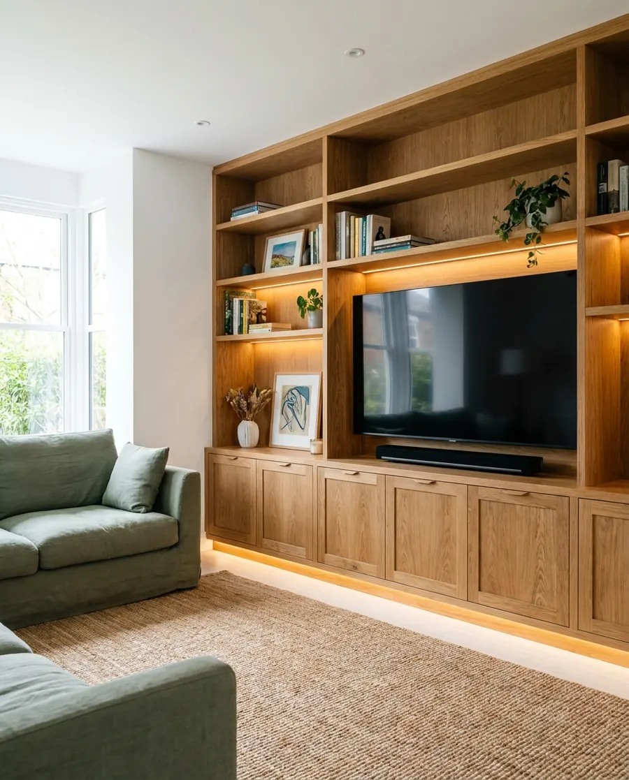 A floor-to-ceiling oak media wall with hidden storage and integrated LED strips in a bright Cologne living room.