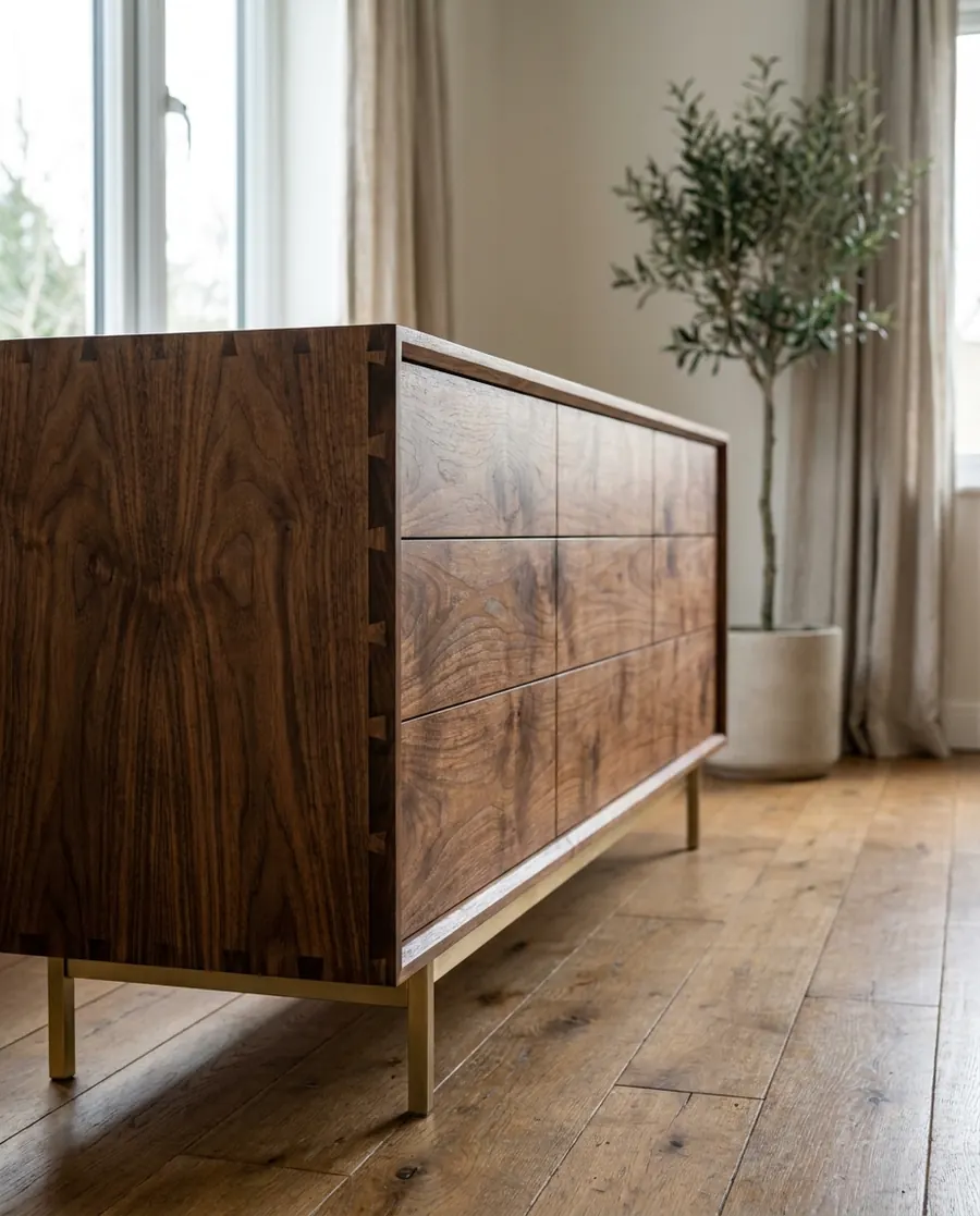 Walnut sideboard with hand-cut dovetails – oiled, not lacquered, so you can feel the grain.