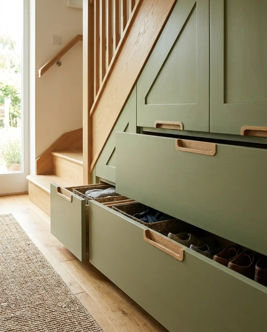 Under-stair storage: six pull-out drawers made from ash and painted in a soft olive.