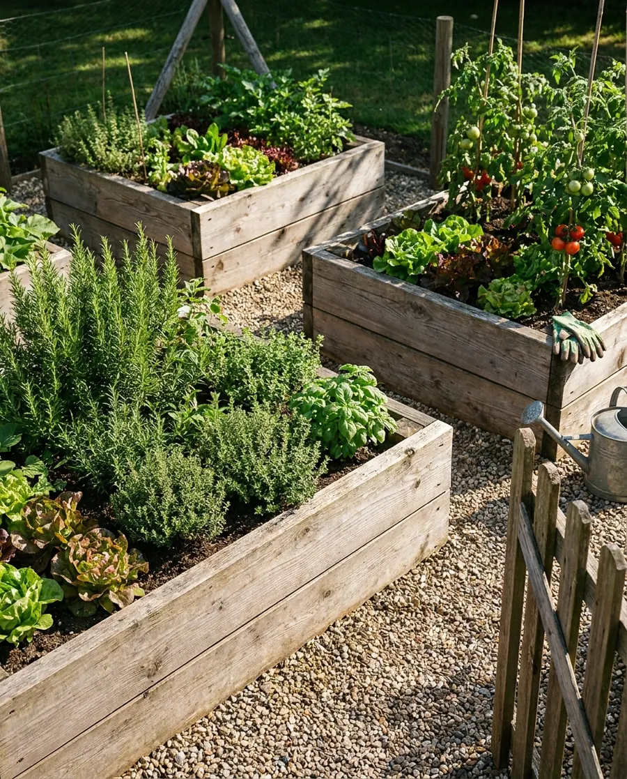 Larch raised beds with herbs and vegetables – built in one day.