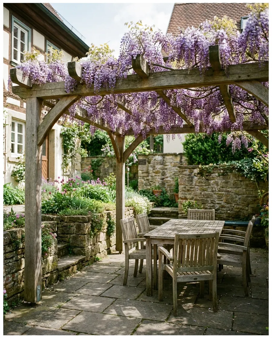 Oak pergola with wisteria for a terraced house garden in Leverkusen.