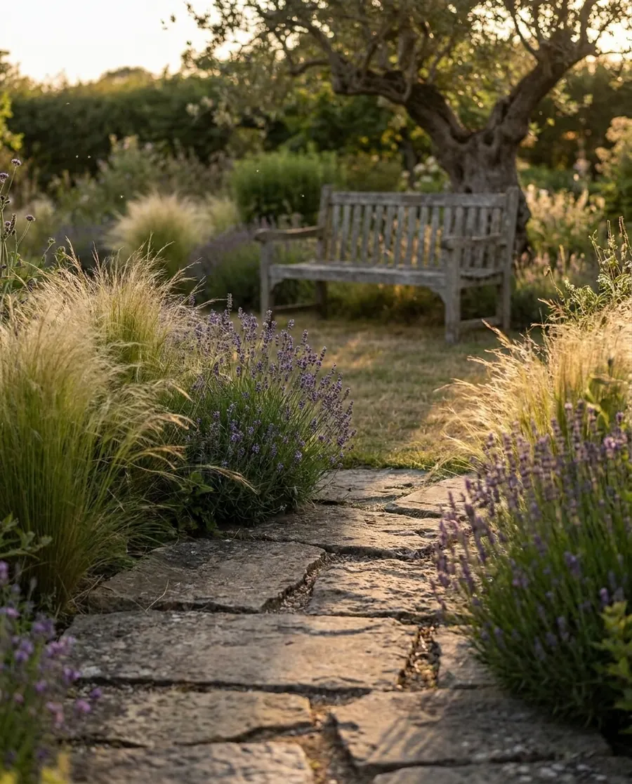 Natural stone stepping path through ornamental grasses.