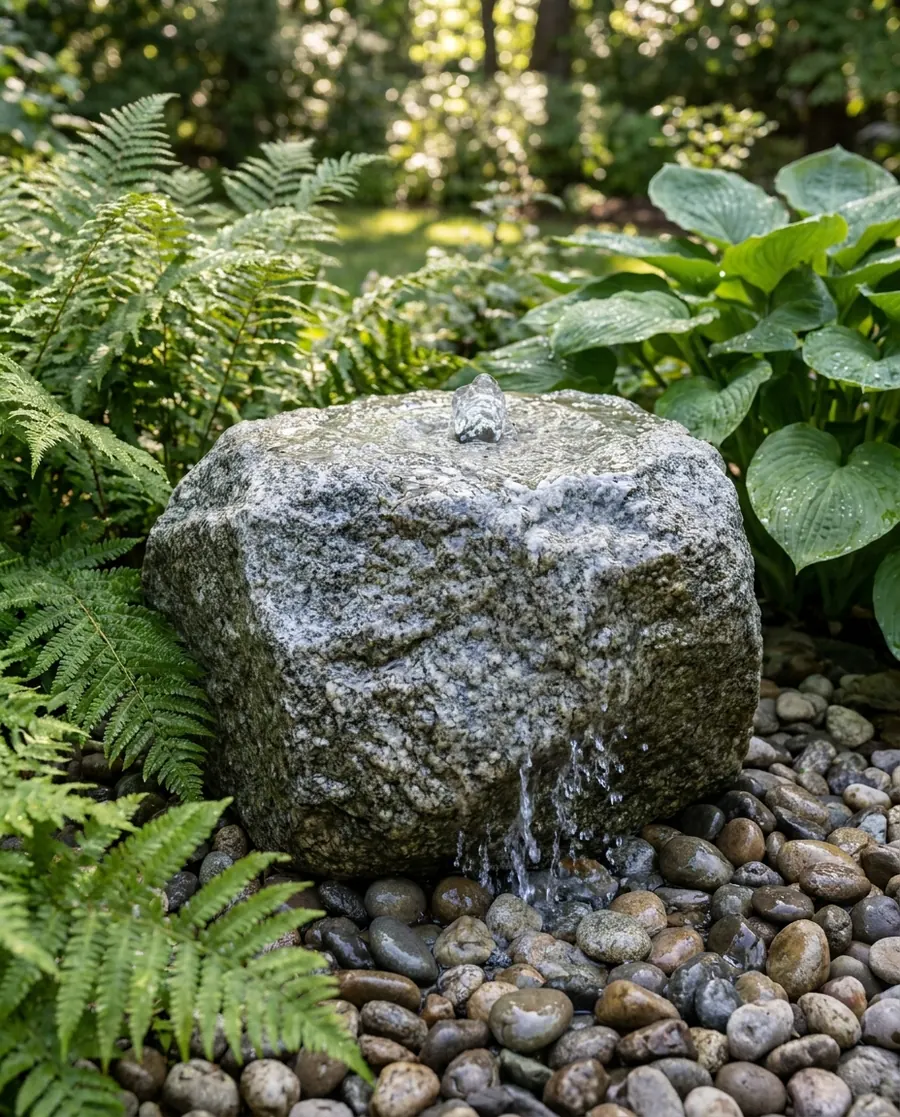 Bubble stone water feature – quiet sound, minimal maintenance.