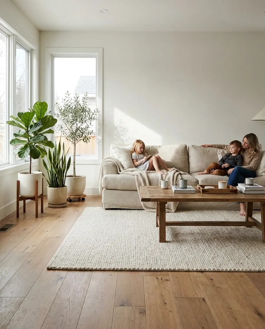 Wide oak planks in a family living room – matt, hard-wearing, warm.