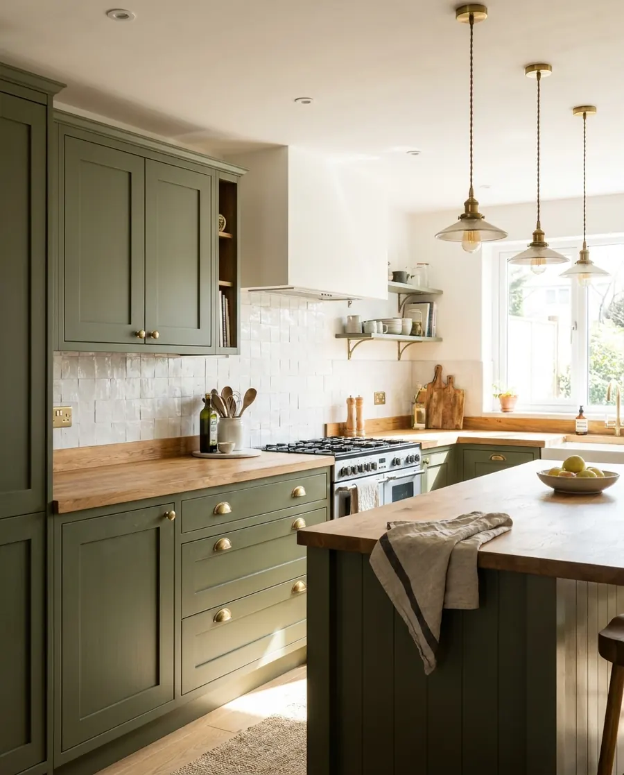 Olive green fronts, brass handles, oak worktop – same kitchen, new look.