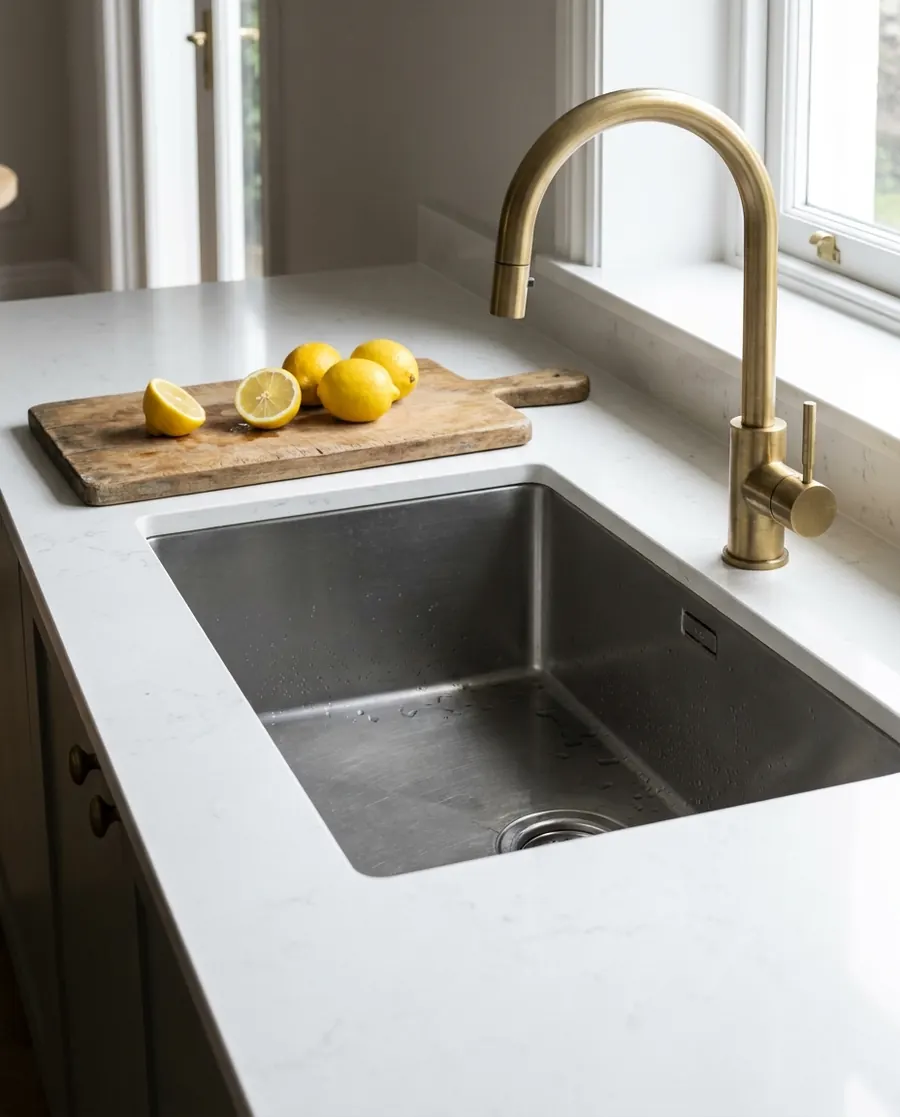 Quartz countertop with a 45° mitred edge and undermount sink.