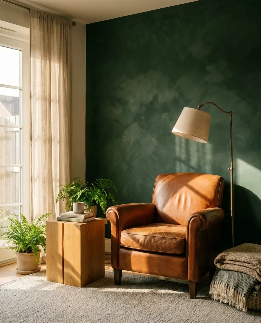 Deep green limewash in a Südstadt living room – changes with the light all day.