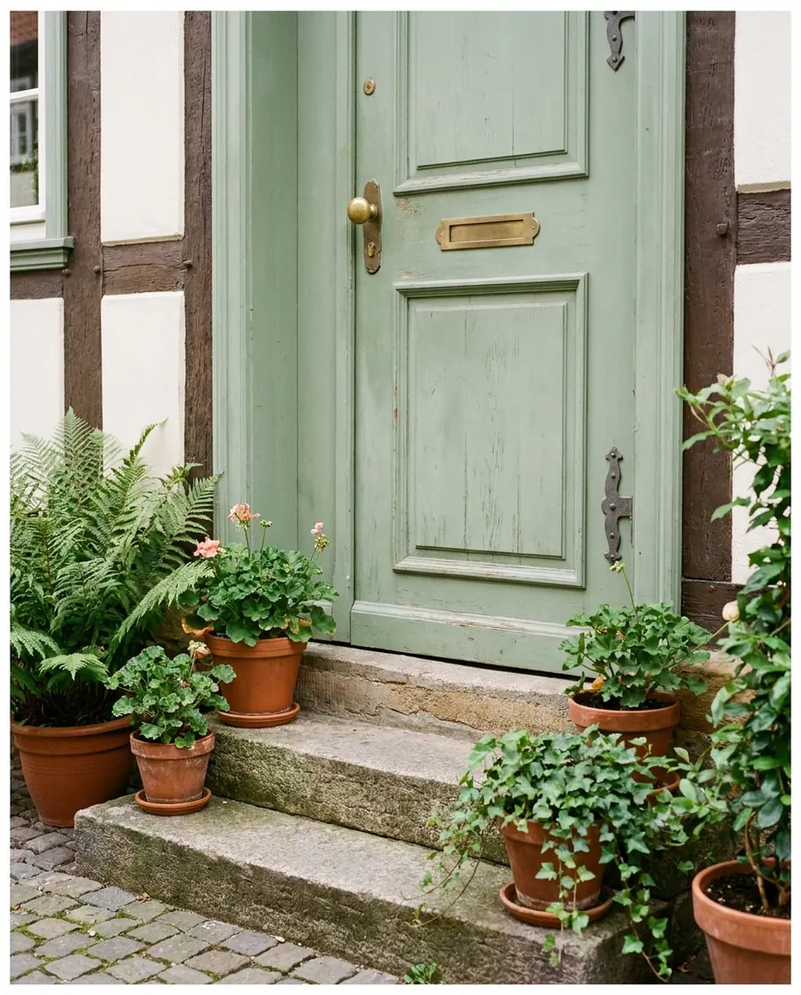 Front door refinished in a soft sage – with new brass hardware.