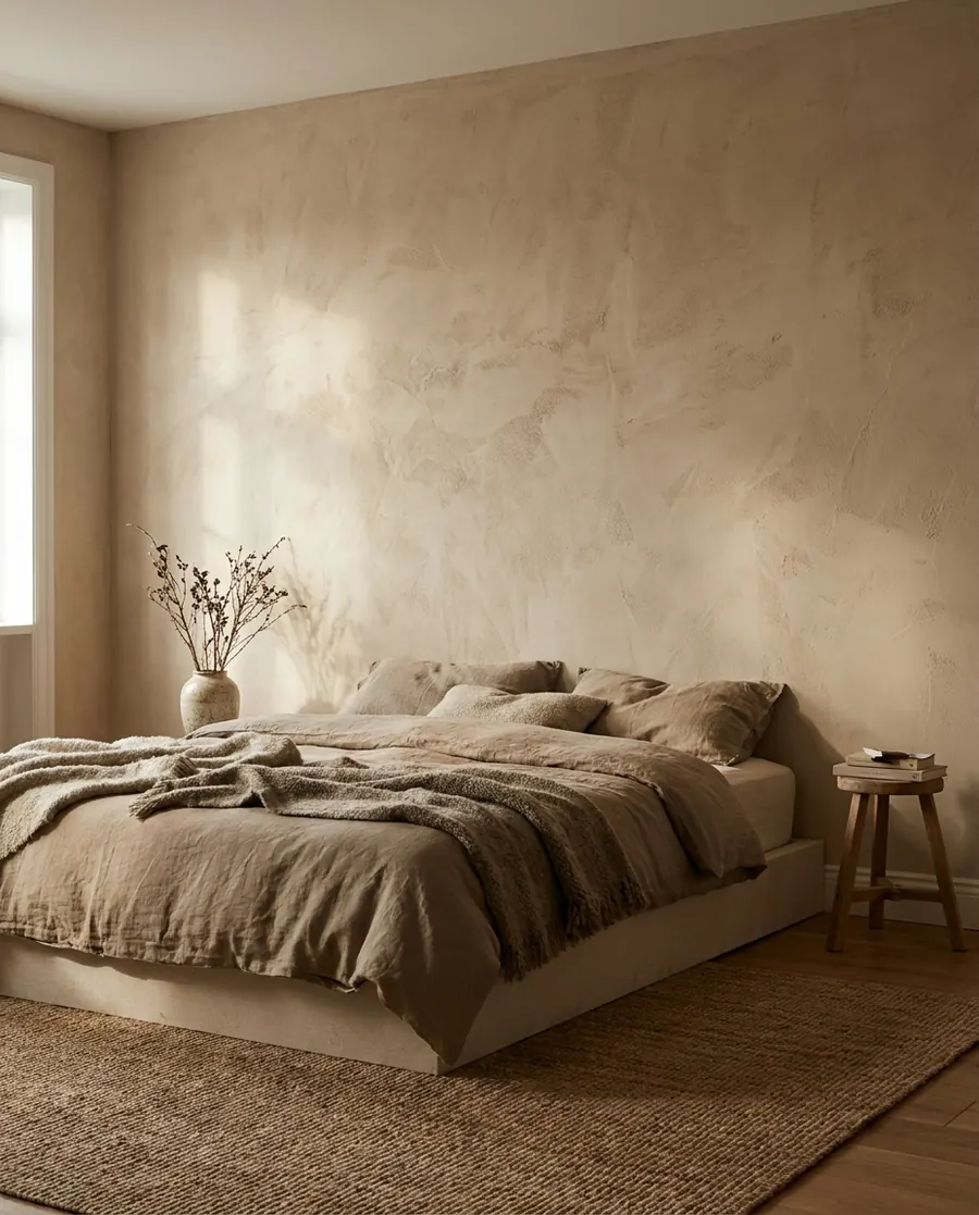 Clay plaster in the bedroom: calm, breathable, warm to the touch.