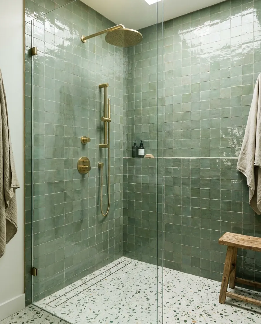 Walk-in shower with green zellige tiles and a brushed brass rain shower.