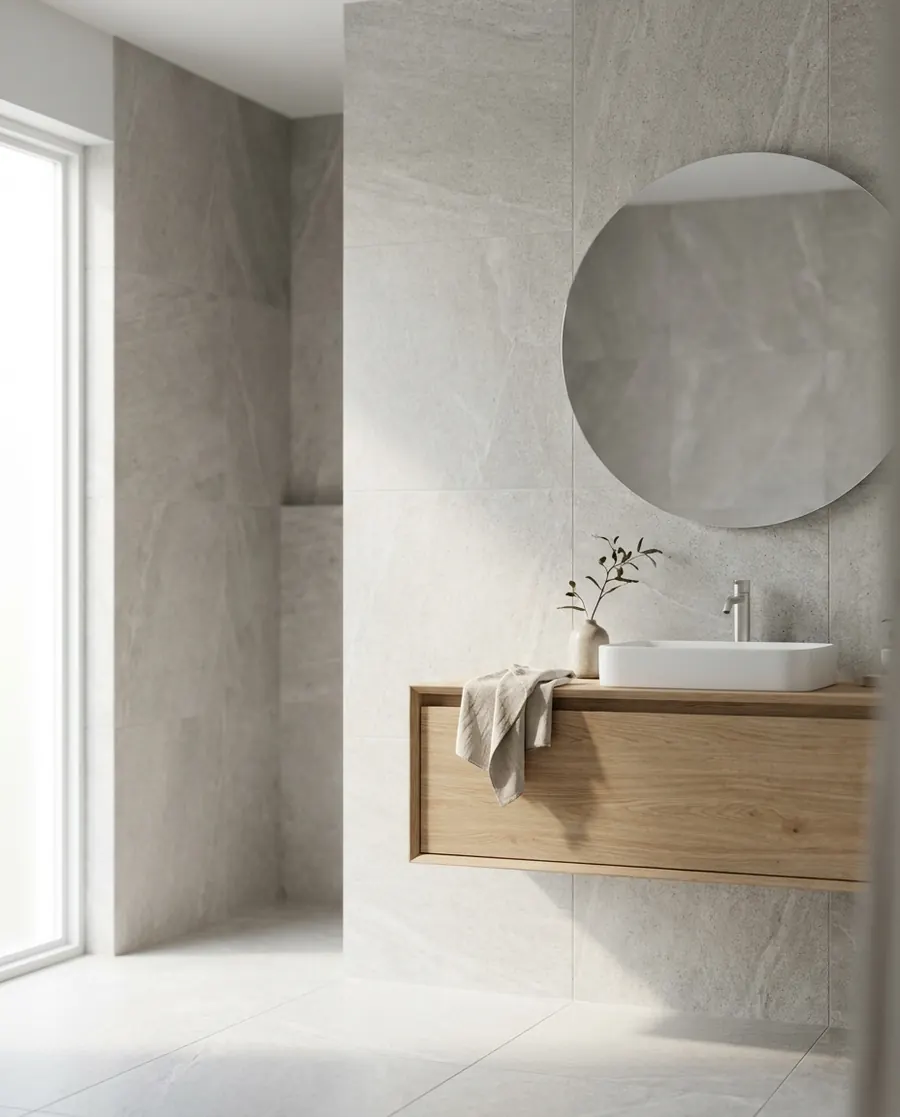 Large-format stone look, 120×60 – barely any joints, very calm.