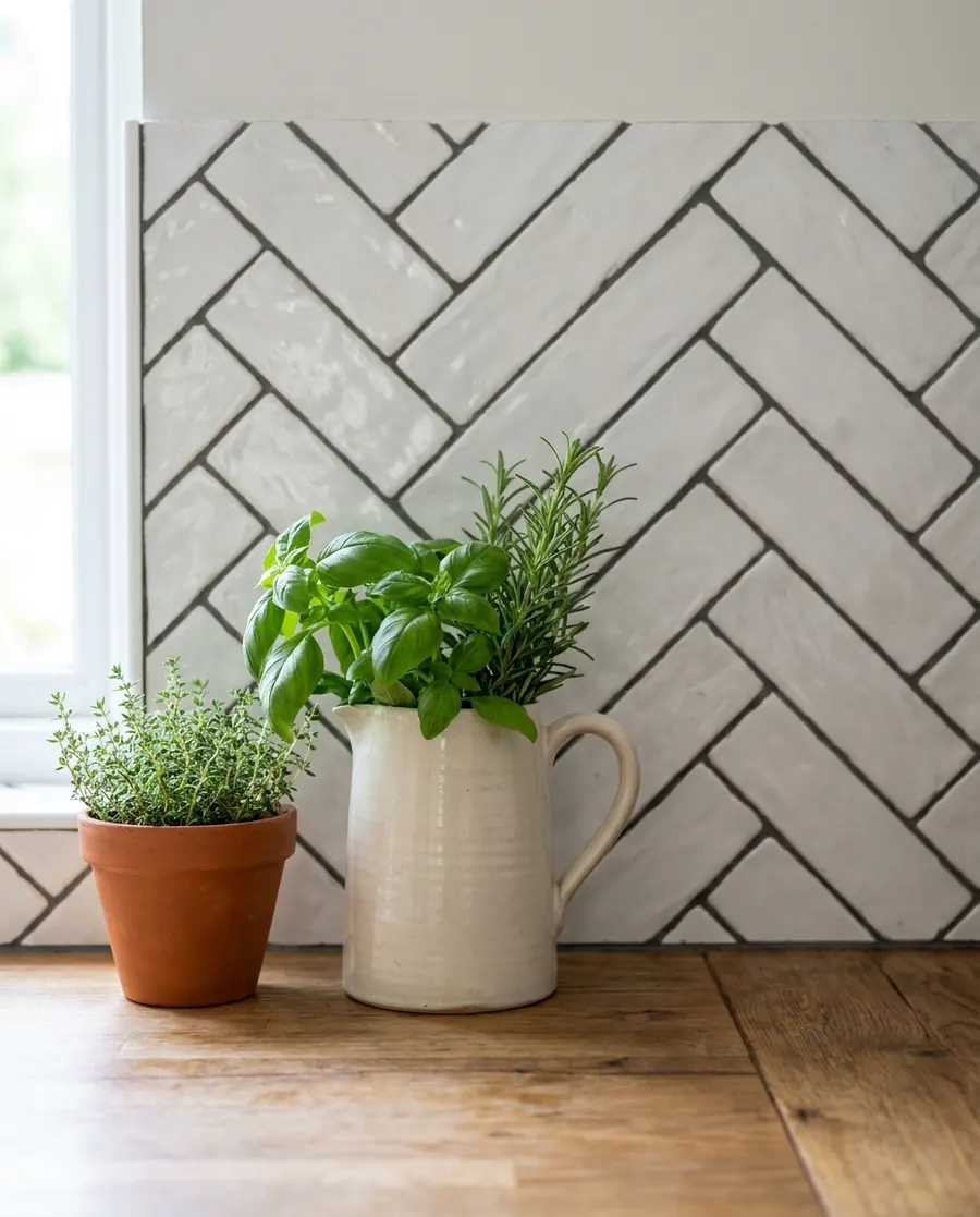 Kitchen backsplash in handmade white subway tiles, herringbone pattern.