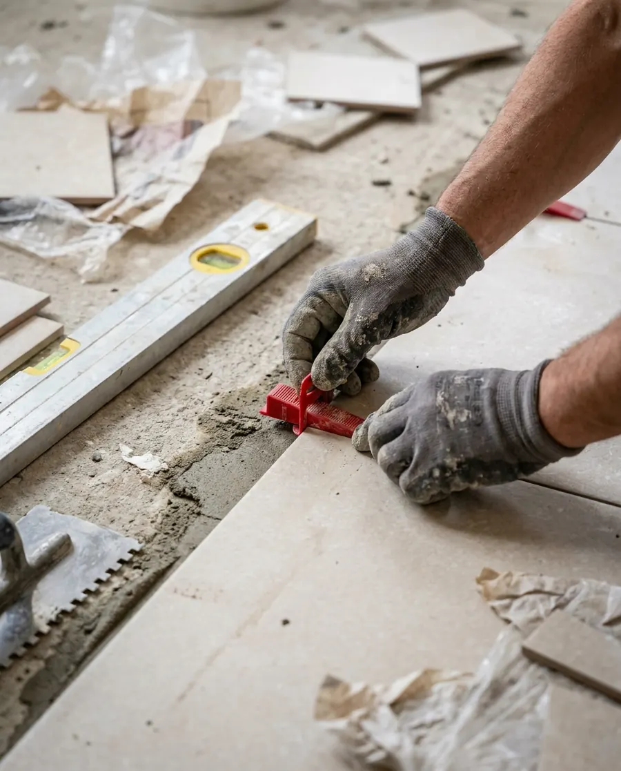 Work in progress: perfectly levelled before the grout goes in.