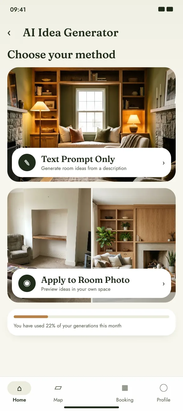 AI idea generator with text prompt and room photo mode