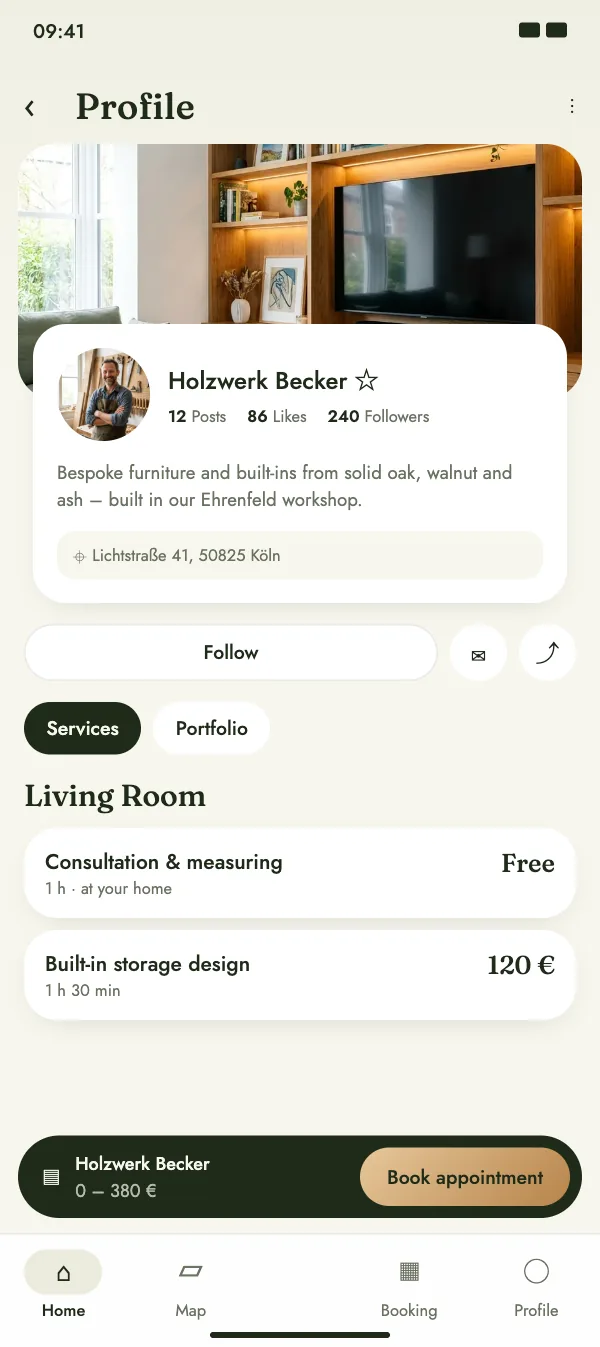 Craft business profile with services and prices