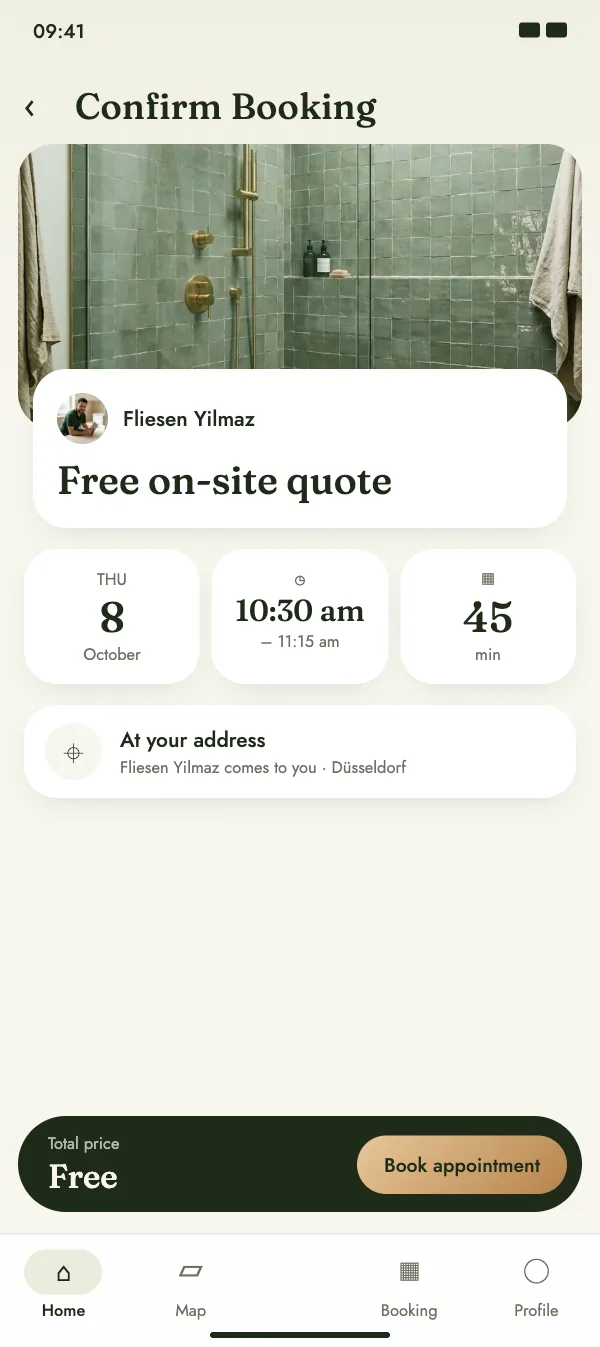 Booking summary with date, duration and price
