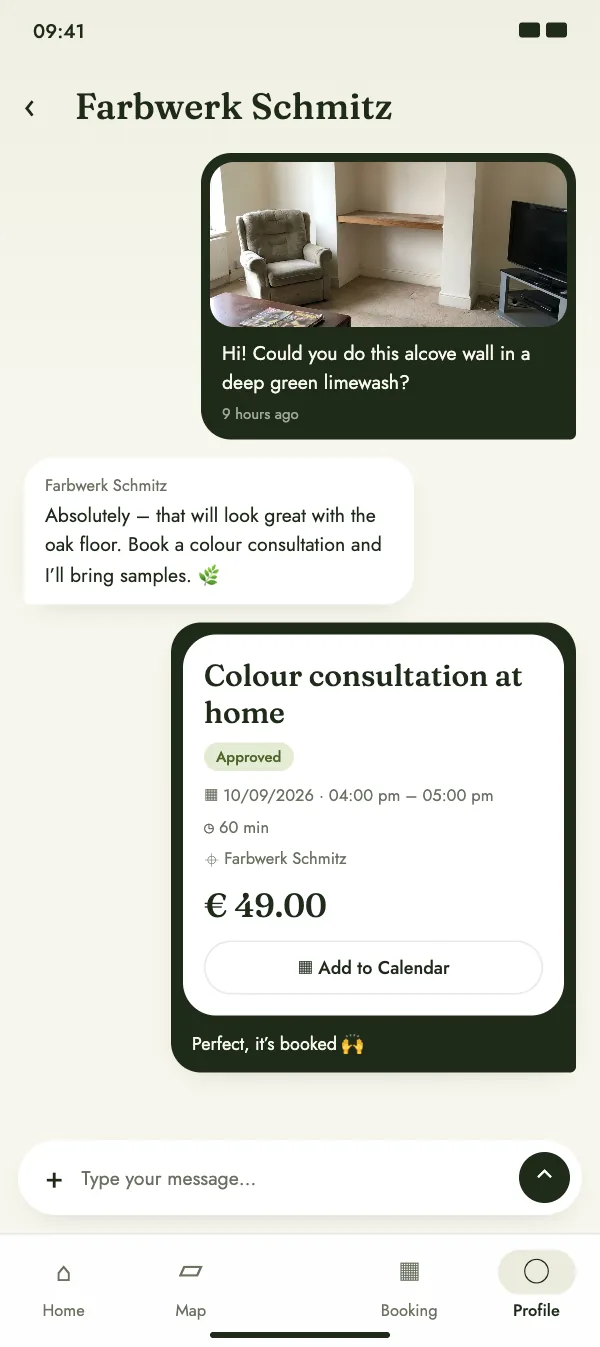 Chat with the craftsperson including booking confirmation